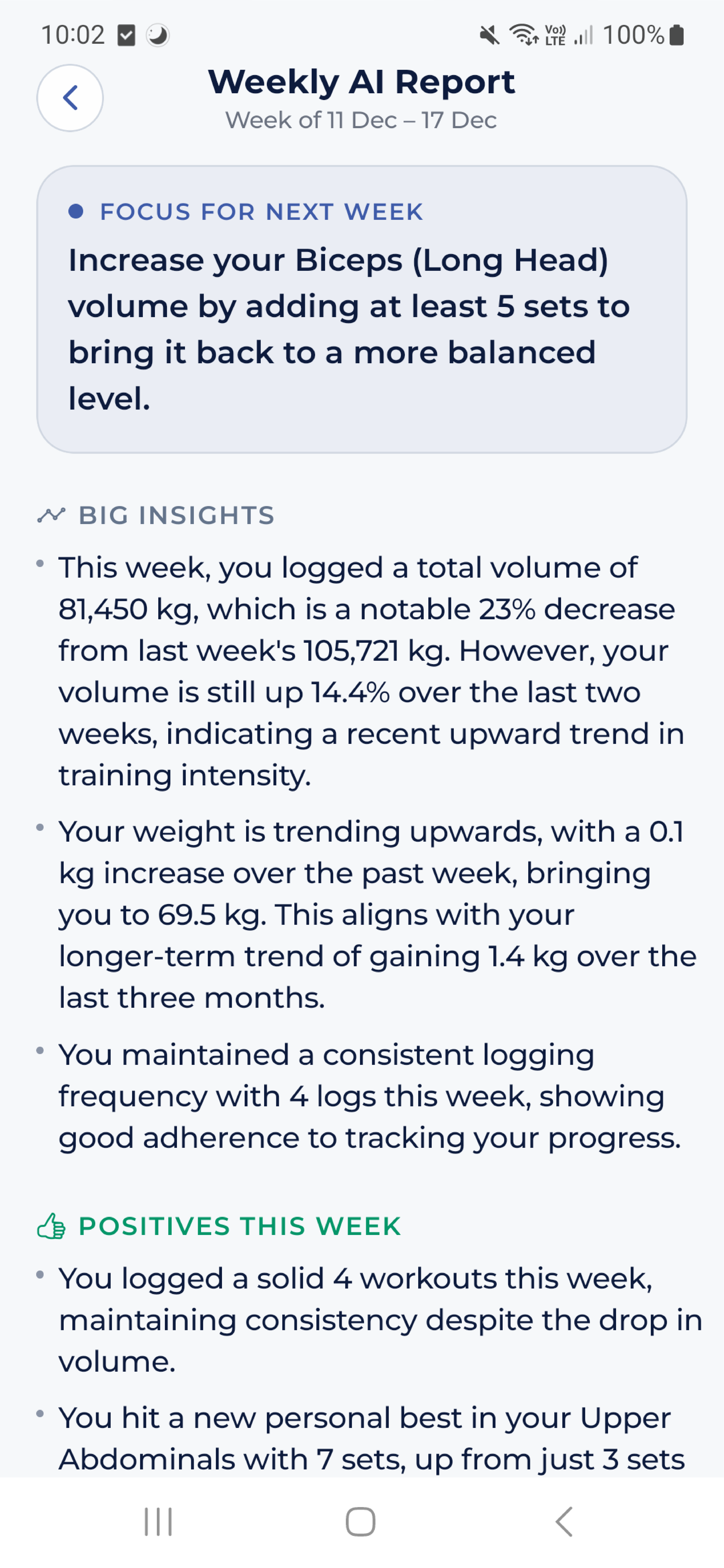 Weekly AI feedback screenshot