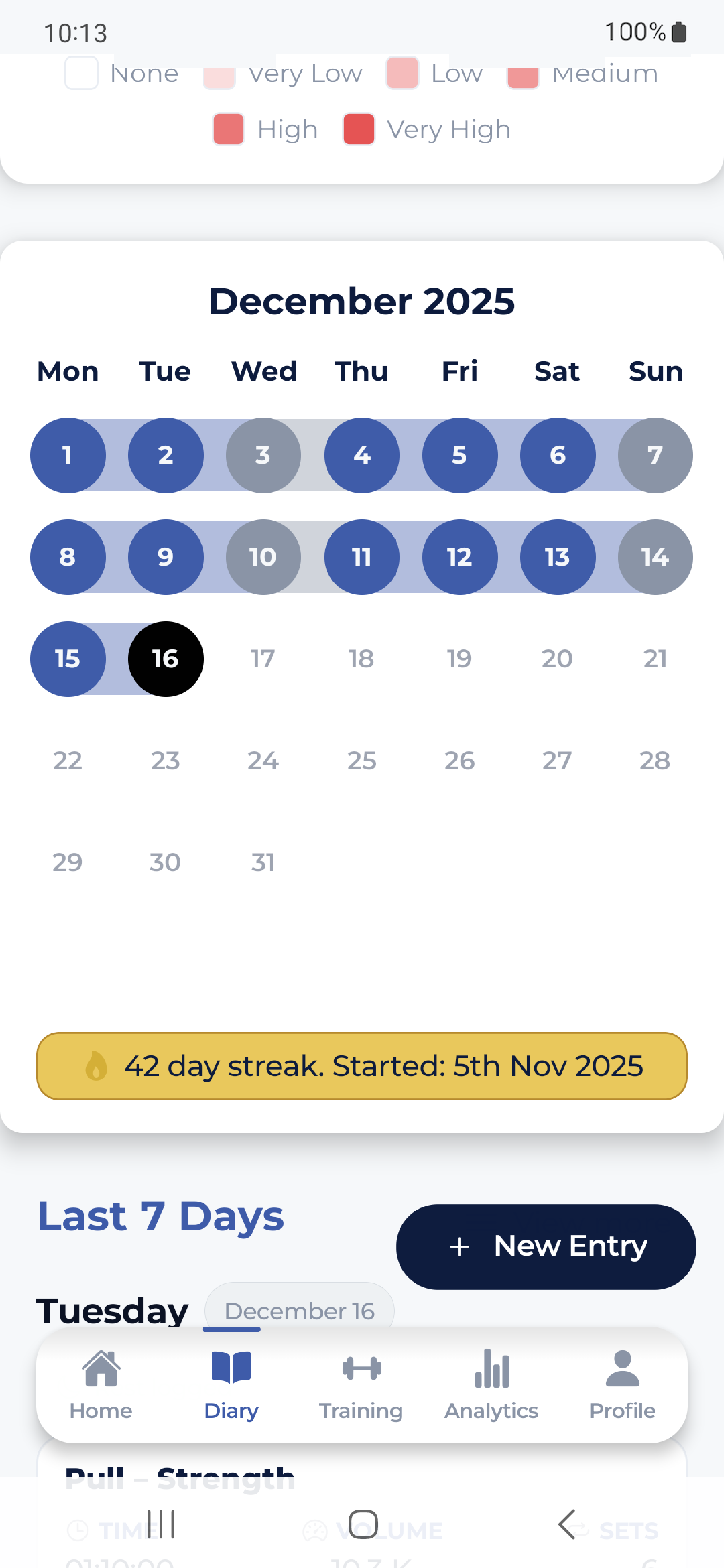 Screenshot: Workout calendar + Streak tracking